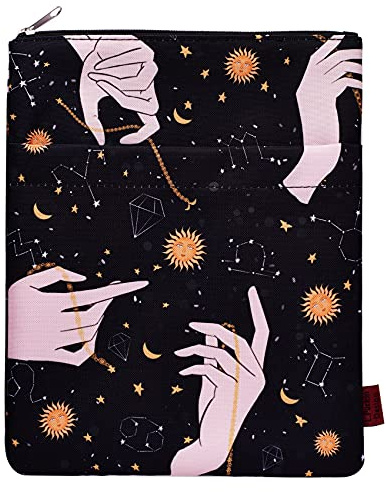 Sun Constellations bokärm, tvättbart tygbokskydd för pocketböcker, astrologiärmar med dragkedja, gåvor för bokstudenter (medium 38 cm x 20 cm)