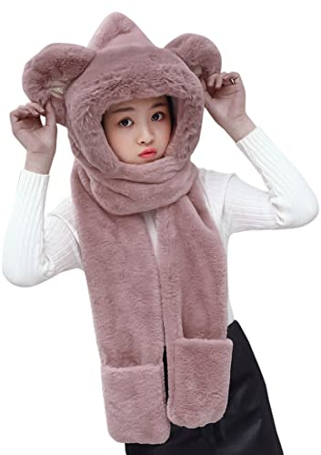 3 en 1 Enfant Bonnet Echarpe Gant Hiver en Peluche Chaud Mignon Chapeau d'hiver Polaire pour Garcon Fille Tour de Cou Doux Épais Bonnet Bob d'hiver Coupe-Vent pour Sport Ski 3-8 Ans (Rose foncé)
