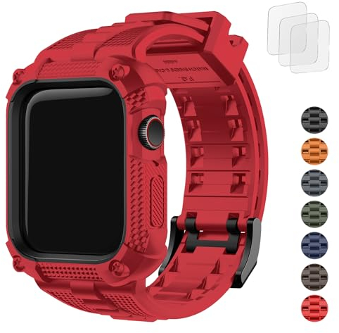 Fullmosa Schutzhülle mit Armband Kompatibel mit Apple Watch SE 44mm 45mm Series 9/8/7/6/5/4, Sport Ersatzarmbänder mit Robustes Stoßfestes Gehäuse für iWatch 44mm 45mm, Rot
