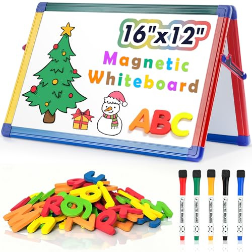 SWANCROWN Portable Dry Erase White Board for Kids, 16x12 inch Toddler Boy Girl Toys Magnetic Table top Whiteboard Small Double Sided Art Easel with 82Pcs Letter Magnets Magnetic Foldable Board