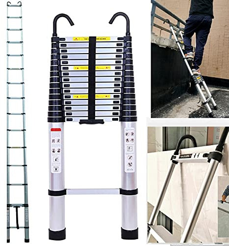 Scala telescopica con gancio, 6,2 m, in alluminio, scala pieghevole in alluminio, allungabile, scala scorrevole, in alluminio, antiscivolo, portata 150 kg, colore argento