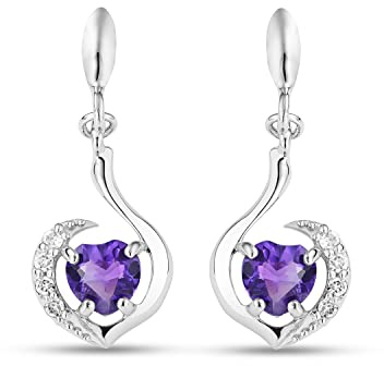 Miore Schmuck Damen 0.04 Ct Diamant Herz Ohrringe mit Edelstein Geburtsstein natürlicher lila herzschliff Amethyst umgeben von 8 Brillanten klassische Ohrhänger aus Weißgold 9 Karat (375) Gold