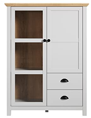 trendteam smart living - Landside - Vitrine - Hellgrau/Eiche - Wohnzimmerschrank im Landhausstil - (BxHxT) 97 x 130 x 41 - elegante Knopf- und Muschelgriffe - 5 Fächer und 2 Schubladen - kratzfest