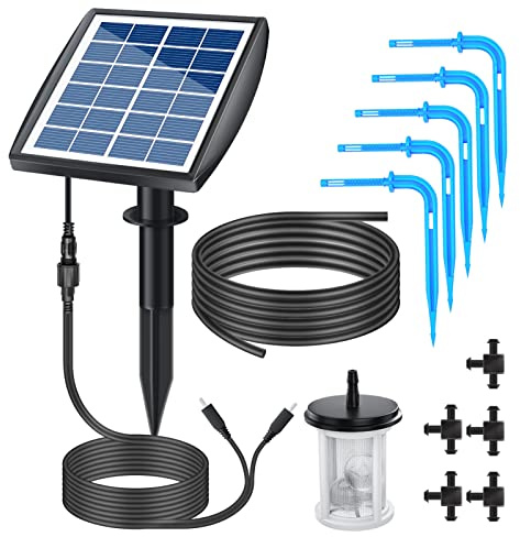 Irishom Kit Arrosage Automatique Solaire, Irrigation Solaire 6V 2W, Goutte à Goutte Automatique Solaire, 6 Modes de Chronométrage, avec Tuyau de 10M, pour Vacances Balcon Pot de Fleur Plantes Légumes