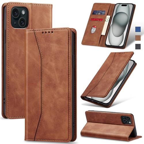Jasonyu Skal för iPhone 15 Plus,Läder Vikbart Skyddande Fodral [Hölster, Magnetisk, kortfack, stativfunktion] Wallet Leather Case Cover för iPhone 15 Plus (Brun)
