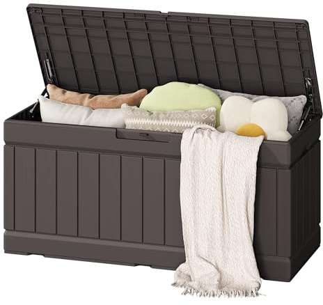 Flamaker Outdoor Storage Box 80 Gallon Resin Waterproof Deck Box Delivery Box with Wood Texture Large Storage Bin for Patio Cushions (Brown)
