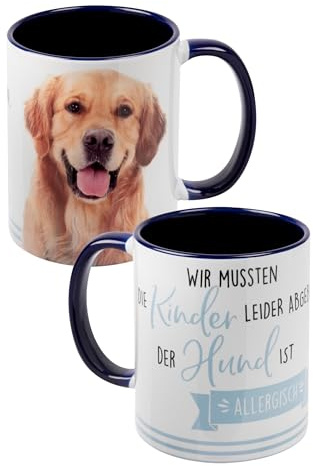 Taza de perro – Golden Retriever – Hemos tenido que entregar a los niños, el perro es alérgico, taza de café de cerámica, color blanco y azul, 320 ml