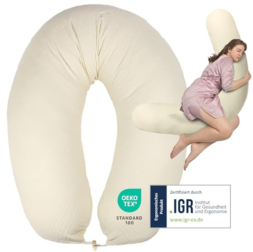 sei Design XXL Stillkissen 190x30 mit Musselin-Bezug ergonomisch, Schwangerschaftskissen Seitenschläferkissen Komfortkissen für Erwachsene, Stillkissenbezug aus 100% Bio-Baumwolle