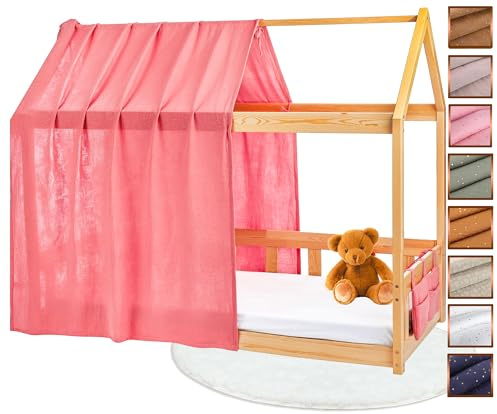 Lovely Hippo Hausbett Himmel - 100% Baumwolle - Betthimmel Hausbett aus Musselin - Bett Vorhang Kinderbett - Himmelbett Vorhänge 90x200cm (Puderrosa/Gold Tasche, 120 x 370 cm (1er Set))