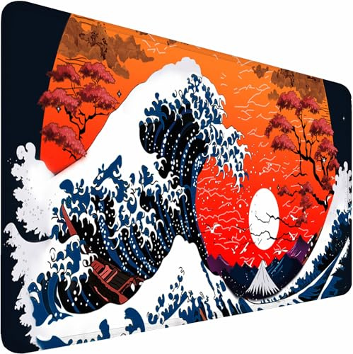 Premium Gaming Mauspad XXL 900 x 400 mm Wellen im japanischen Stil Wasserdicht & rutschfest - Genähte Kanten für Haltbarkeit - Perfekt für PC, MacBook und Laptop - Großes Mousepad