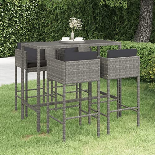 Rantry Conjunto Jardin Exterior Mesa y sillas Conjunto Mesa y sillas Jardin Set Muebles de Bar jardín 5 pzas y Cojines ratán sintético gris130 x 60 x 110 cm