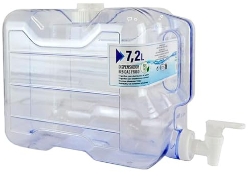 Tradineur - Dispensador de bebidas de plástico, reutilizable, botella con grifo y asa, recipiente para servir agua, bebidas frías, refrescos, frigorífico, nevera (7,2 litros - 21 x 16,5 x 37,5 cm)