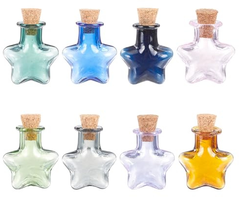 DELORIGIN 8 Stück Kleines Wunschglas In Sternform 2.35x2cm Mini Driftflaschen Aus Glas Süße Wunschflaschen In Sternform Für Hochzeit Geburtstag Party DIY Bastelbedarf 8 Farben