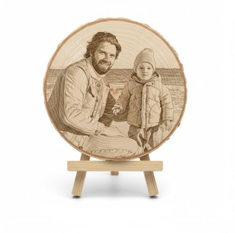 Personalisierte Baumscheibe mit Fotogravur – einzigartiges Geschenk aus Birkenholz, Bild auf Holz, individuelles Andenken oder Deko, ideal für Hochzeit, Jahrestag, Geburtstag, Familie – Ø 10–12 cm