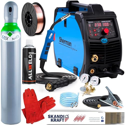 Sherman DIGIMIG 225GDS - Soldador Inverter Profesional con Gas 3 en 1 - Soldadura: TIG Lift, Flux y MMA - Función Memoria de Ajustes y Ajuste de Inductancia - Set Pro