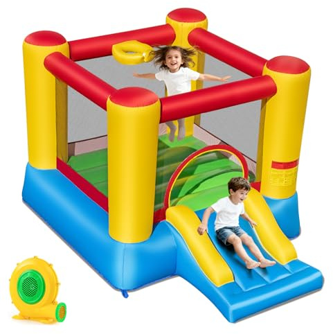 Maxmass Kids Bouncy Castle, Inflatable Bounce House with Slide, Basketball Hoop, Carrying Bag, Repair Kit, Indoor Outdoor Inflatable Trampoline Jumping House Blow up Castle (Basic with Blower)
