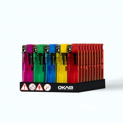 OKAEI Elektronische Einweg Feuerzeuge 50 Stück, Elektronische Piezo, Zündung, Einstellbare Flamme, Elektronik Feuerzeug, Nachfüllbar,