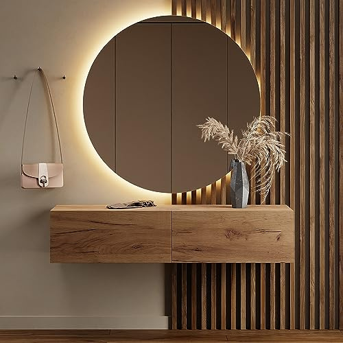 Planetmöbel Flurgarderobe 1x 140 cm | Spiegel rund mit Beleuchtung 100 cm, Gold Eiche, Flur Möbel mit Spiegel, 37,8T x 140B x 32,5H cm