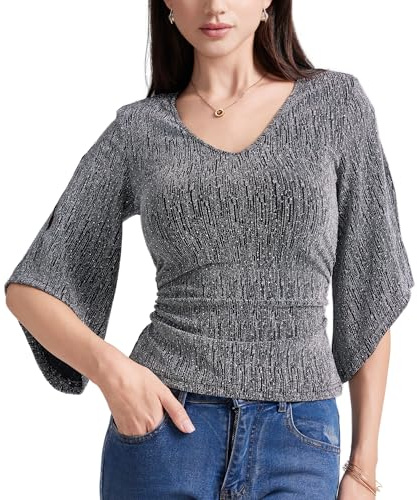 MISS MOLY Damen Pailletten Oberteil Ausgestellte Ärmel V-Ausschnitt Festliche Glitzer Tops Party Clubwear Bluse