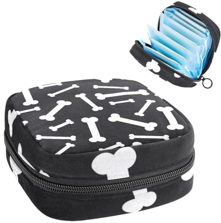 Damenbinden Aufbewahrungstasche Periode Kit Tasche für Schule Menstruationstasse Beutel Damenbinden Organizer Tasche Schwarz und Weiß Hund Welpe Knochen