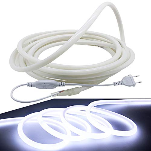 FOLGEMIR 5m Neon Seil Strip Rund, 360° Lumineszenz Kalt Weiß, LED flexibler Streifen ohne Lichtpunkte, 230V helle 2835 LED Band, IP65 wasserdicht für Garten Party Hochzeit Deko