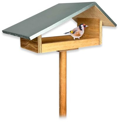 GARTENETAGE Design-Vogelfutterhaus mit wetterfestem Metalldach/massives Vogelhaus Holz mit Erdspieß/Vogelfutterhaus mit Ständer/Robustes Vogelhäuschen für Ihren Garten