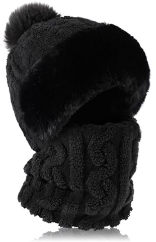 TAGVO Varm vintermössa för kvinnor, yllemössa med halsvärmare, varm fleece, vindtät bomberjakthatt, rund stickad mössa med hårboll, dam, utomhus, kallt väder, balaklava, hatt för skidåkning, vandring,