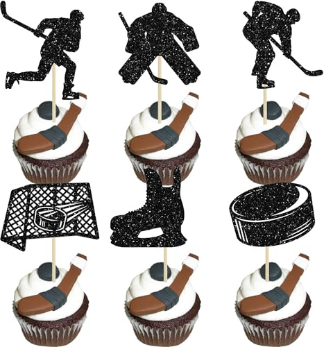 Gyufise Hockey-Cupcake-Topper, schwarz, glitzernd, Hockeyspieler, Cupcake-Picks, Eishockey-Sportthema, Babyparty, Kinder, Jungen, Mädchen, Geburtstag, Party, Kuchendekoration, Zubehör, Schwarz, 24
