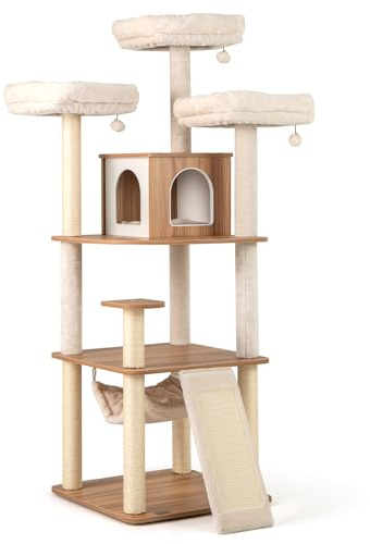 GOPLUS Arbre à Chat XXL 168CM avec 3 Perchoirs Rembourrés, Arbre a Chat en Bois avec Hamac, Planche à Gratter et Poteaux en Sisal, Brosse d'Auto-toilettage, Balles Suspendues, Naturel