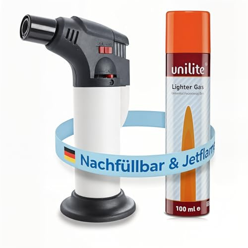 UNILITE Feuerzeug mit Gas weiß Jetflamme inkl. 100 ml Nachfüllgas | Sturmfeuerzeug Gas Brenner, nachfüllbar, Nachfüller im Set, Jetflame für Kerzen, Grill und Kamin