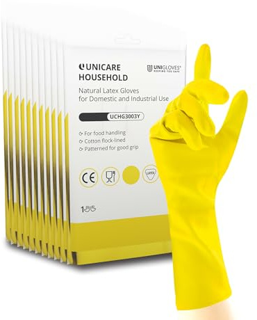UNIGLOVES Unicare Household Yellow - Latex Reusable Household Gloves for Cleaning, Washing up and Food Processing - 12 Pairs - Size XL
