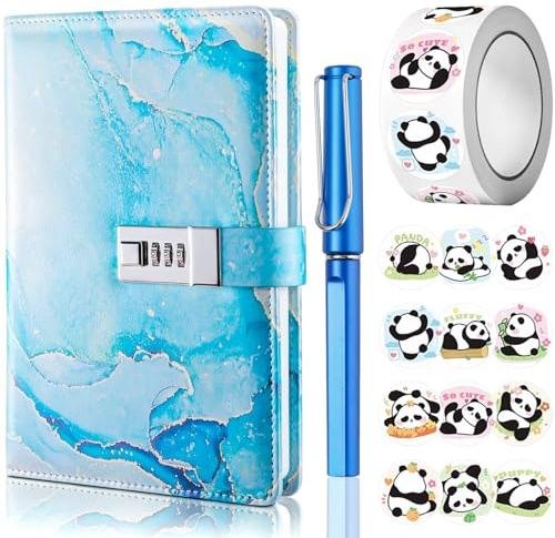 UNIANE Journal intime avec cadenas pour fille - Format A5 - Avec code - Carnet avec stylo et autocollants amusants - En cuir synthétique - Bleu