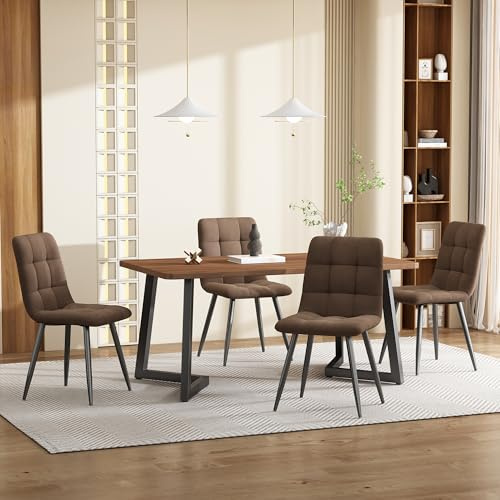LINKHOO Ensemble de Salle à Manger, avec 4 chaises, Table en Bois avec Pieds métalliques Noirs, Plateau en MDF Couleur Noyer, Chair en Velours Marron