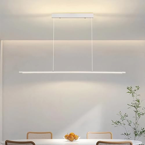LED Pendelleuchte Lineare Kochinsel Hängeleuchte Dimmbar Hängend Esszimmer Lampe Fernbedienung Kronleuchter für Wohnzimmer Esstisch Bar Büro Leuchte Modern Höhenverstellbar Hängelampe (Weiß, 120cm)