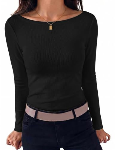 Leversic Womens Long Sleeve Tops Soft Basic T-Shirt Boat Neck Stretch Base Layer Slim Fit Y2K Going Out Tunic Tee Tops Black,M
