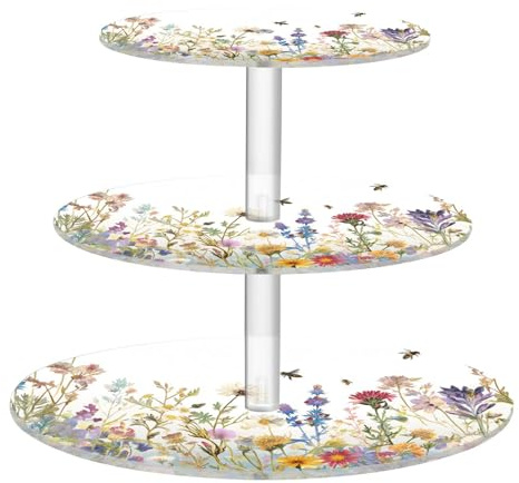 Blueangle 3-Tier Round Cupcake Stand – Herbs and Wild Flowers Acrylic Dessert Tower, Non-Slip Tiered Dessert Stand for Baby Shower, Birthday, Wedding Party （449）