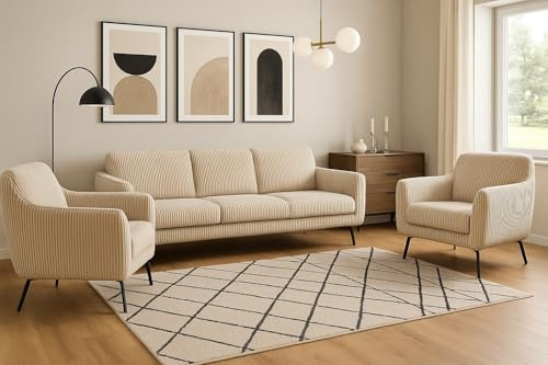 A&J MöbelLand GmbH Polstergarnitur Benito: 3-Sitzer Sofa + 2 Sessel – Wohnzimmer Set, modernes Design, Bonellfederkern, langlebige Qualität, Bezug in Beige