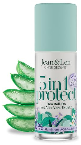 Jean & Len Déodorant roll-on 5 en 1 protecteur, avec extrait d'aloe vera pour une protection efficace contre les odeurs 48h, ne laisse pas de résidus blancs, sans aluminium (ACH) et sans alcool