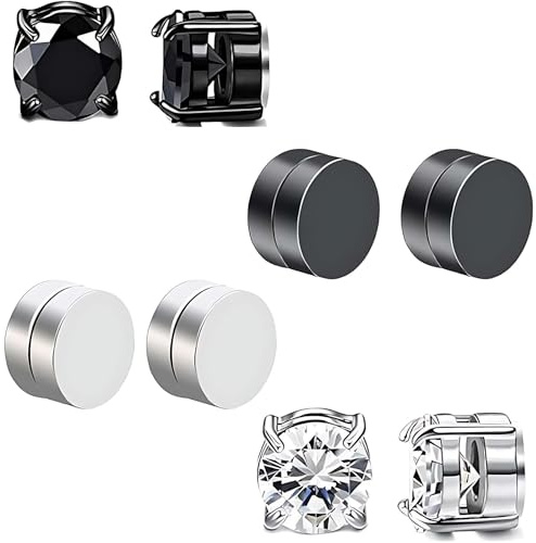 4 Pairs Magnetic Earrings for Men Women, Stainless Steel Fake Earring Silver and Black Non-Pierced Magnetic Stud, Earrings Clip On Earrings Set Magnet Jewelry for Women Men Girls Boys Birthdays Gifts