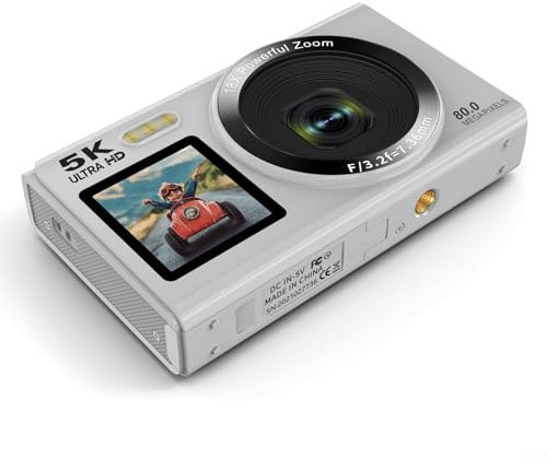 Cámara digital portátil 5K, Cámaras digitales Pantallas duales 80MP Grabación de video Cámara de fotos Zoom 18X para fotografía de viajes (blanco)