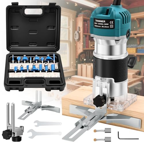 SINGTIP Fresadora para Madera, 800W 30000RPM Rebajadora Eléctrica, Fresadora de Mano mit Juego de 15 Fresas de 1/4 (6,35 mm) para Bricolaje, Carpintería, Base Transparente| Carcasa de Aluminio