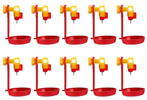 GANAZONO Bebedero para Pollos Bola de Acero Fácil de Instalar y Ecológico, Plástico Rojo Anillo de Montaje, Paquete de 10 Unidades para Aves de Corral