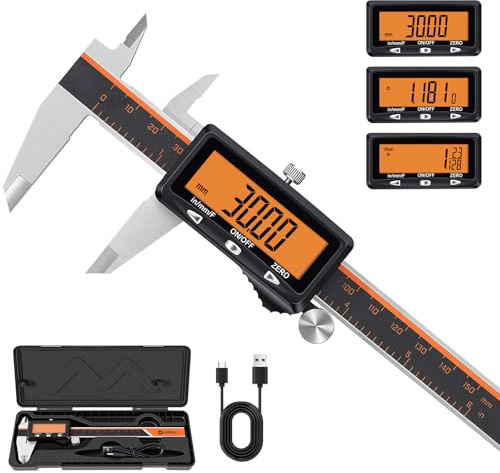 HARDELL Calibre Digital Recargable, Pie de Rey con Pantalla Grande Naranja, Micrómetro de Acero Inoxidable, Apagado Automático, Pulgadas/mm/Fracciones, para Bricolaje, Hogar e Impresión 3D