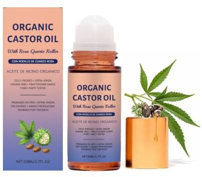 Bio-Rizinusöl mit Rosenquarz-Roller – 50 ml Roll-on, mit Vitamin E angereichertes Rizinusöl, natürlicher Feuchtigkeitsspender für glatte, gepflegte Haut, tägliche pflegende Versorgung