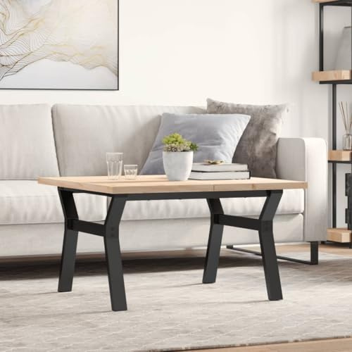 RuiNingRN Coffee Table Y-Frame Made of Solid Pine and Powder-Coated Steel 80 x 80 x 45.5 cm Sturdy Wooden Table for Living Room Modern and Space-Saving with Rustic Tree Edge
