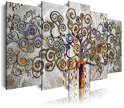 DekoArte 477 - Quadri moderni Stampa Artistica | 5 Pezzi 150x80cm | Tela Decorativa Per soggiorno o Stanza da letto | Stile Astrazioni Albero della Vita Gustav Klimt Argento