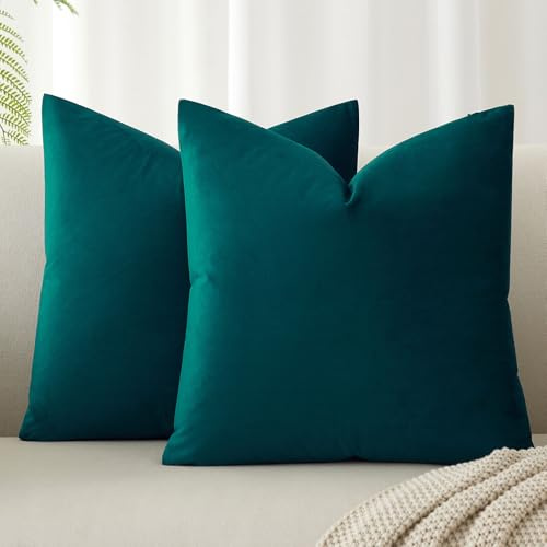JUSPURBET Pfauenblau Samt-Kissenbezüge 40cmx40cm 2er-Set für Wohnzimmer Couch Sofa Schlafzimmer Dekorative Quadratische Feste Weiche Kissenhüllen mit unsichtbarem Reißverschluss