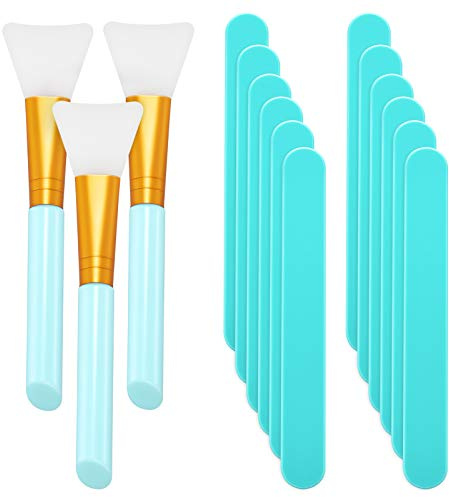 15 Pieces Reusable Stir Sticks Sets Include 12 Pieces Resin Sticks Stirring Makeup Stick and 3 Pieces Silicone Epoxy Brushes for Mixing Resin Epoxy Liquid Facial Cover Paint Making DIY (Blue)