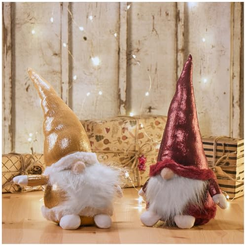com-four® 2X Elfos navideños Premium para Decoraciones navideñas, Figuras de Invierno como artículos Decorativos, Lindos taburetes de Esquina como decoración (2 Figuras Dorado Rojo 37cm)