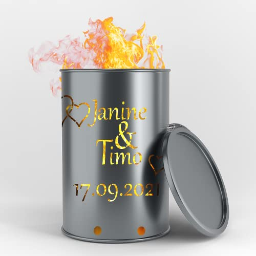 Fuchsbau Feuertonnen Coffre à Feu avec Motif de Mariage Personnalisable en Fût à Huile 200 l Brasero pour Jardin et Terrasse avec Aspect Rouille 90 x 60 cm